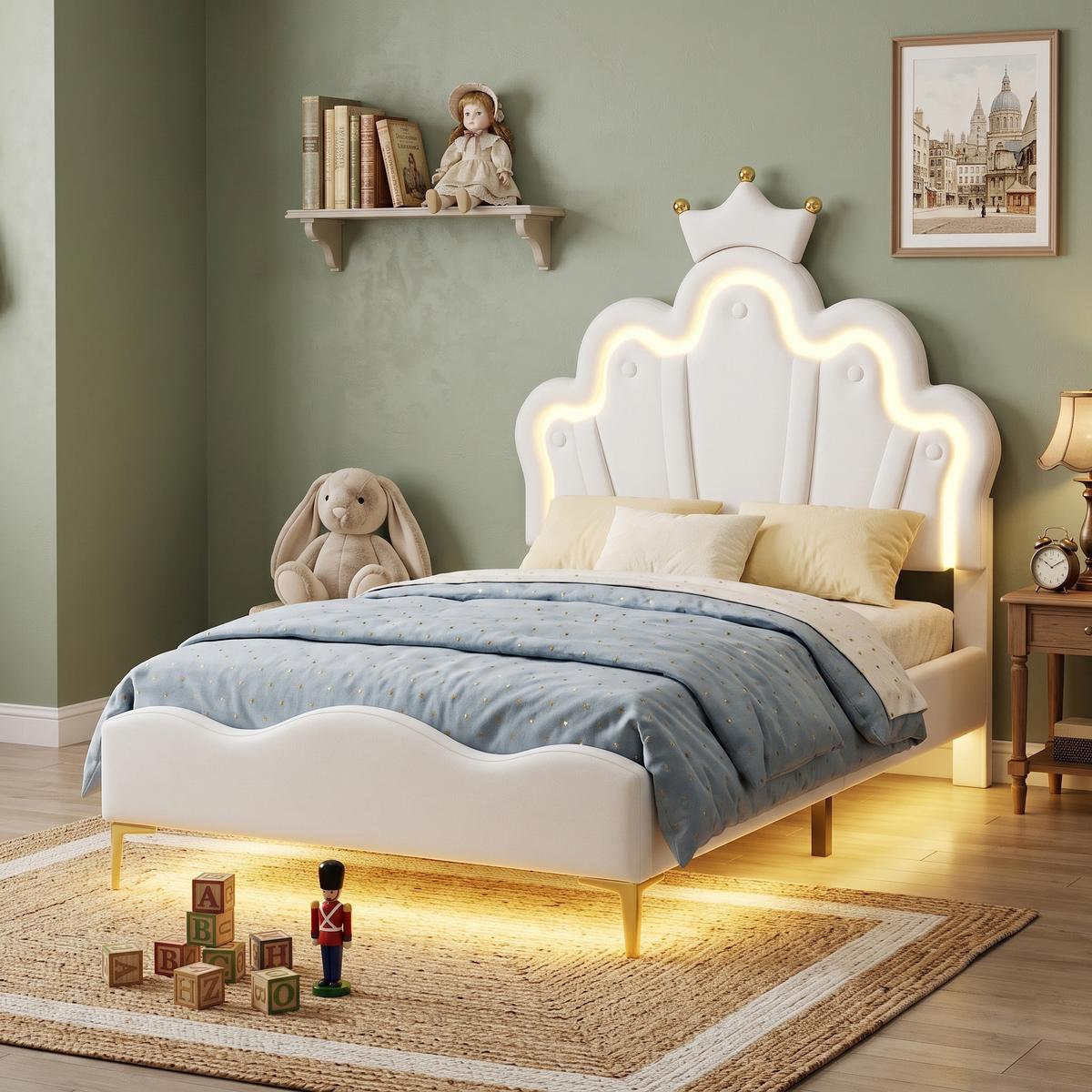 POLSTERBETT pu prinzessinnen design 90x200cm mit led - Weiß, Leder (90/200cm) - Urban Meuble