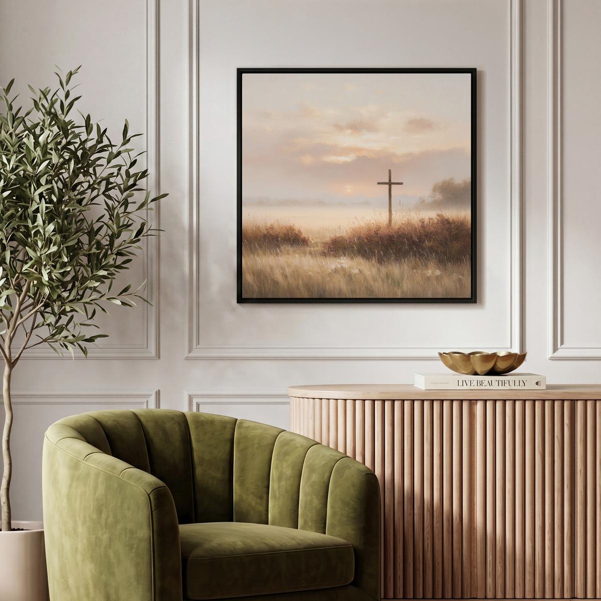 LEINWAND Bilder mit Rahmen - Gras - Morgennebel - Kreuz - Christentum - 50x50 - Beige, Textil (50/50cm) - MuchoWow