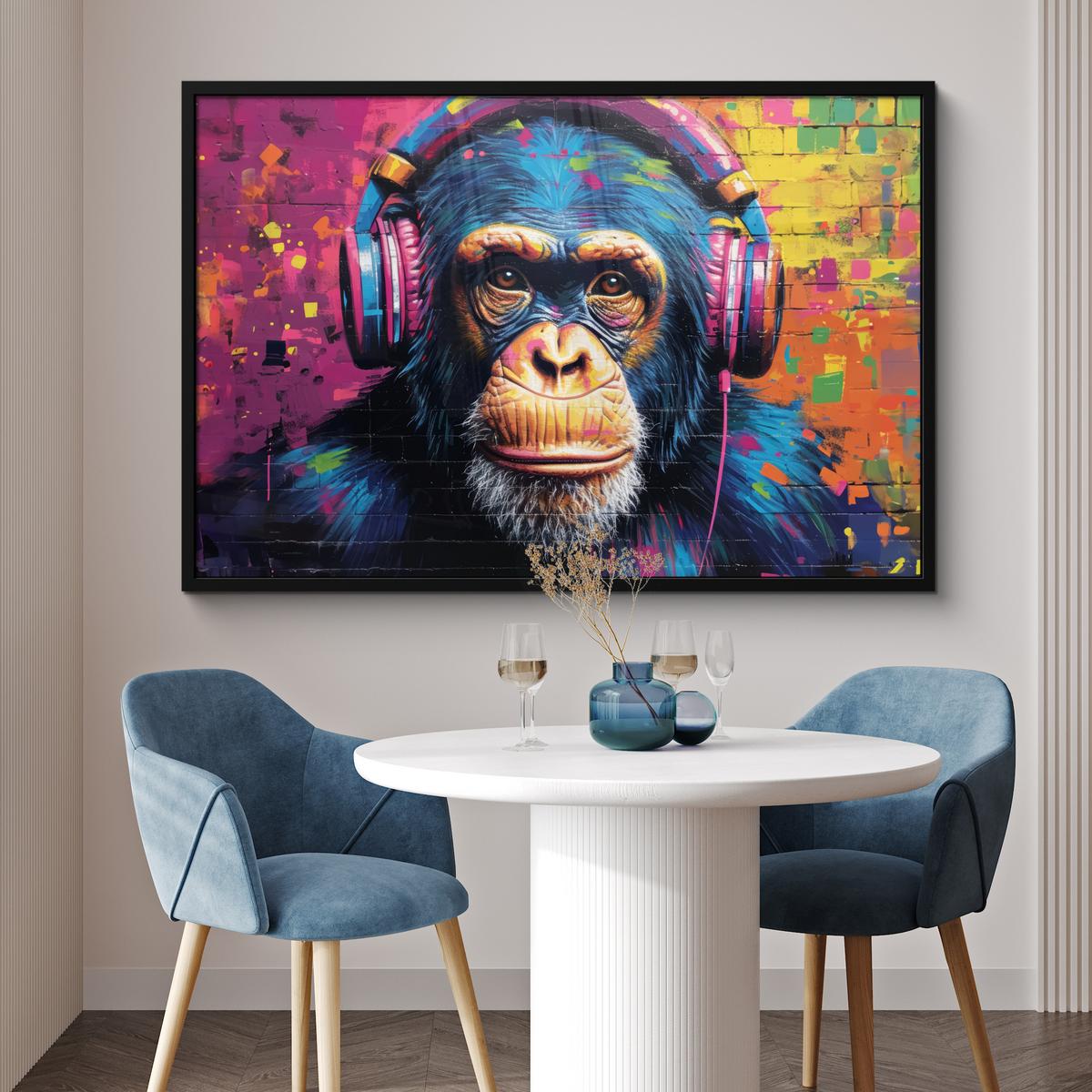 POSTER MIT RAHMENGERAHMTES BILD Graffiti - Schimpanse - Straßenkunst - Kopfhörer - Affe 120x80 cm - Blau, Papier (120/80cm) - MuchoWow