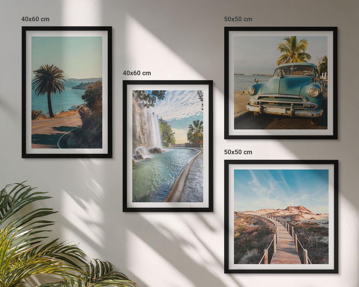 BILDER SET 4er Set - 50x50 cm & 40x60 cm Schwarzer Rahmen - Urlaub Palmen Wasserfall - Schwarz, Kunststoff (50/50cm) - TULUP