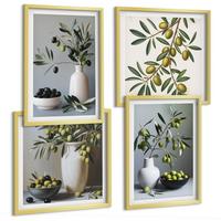 BILDER SET 4er Set - 50x50 cm & 40x60 cm Goldrahmen - Oliven in Vasen in gedeckten Farben - Goldfarben, Kunststoff (50/50cm) - TULUP