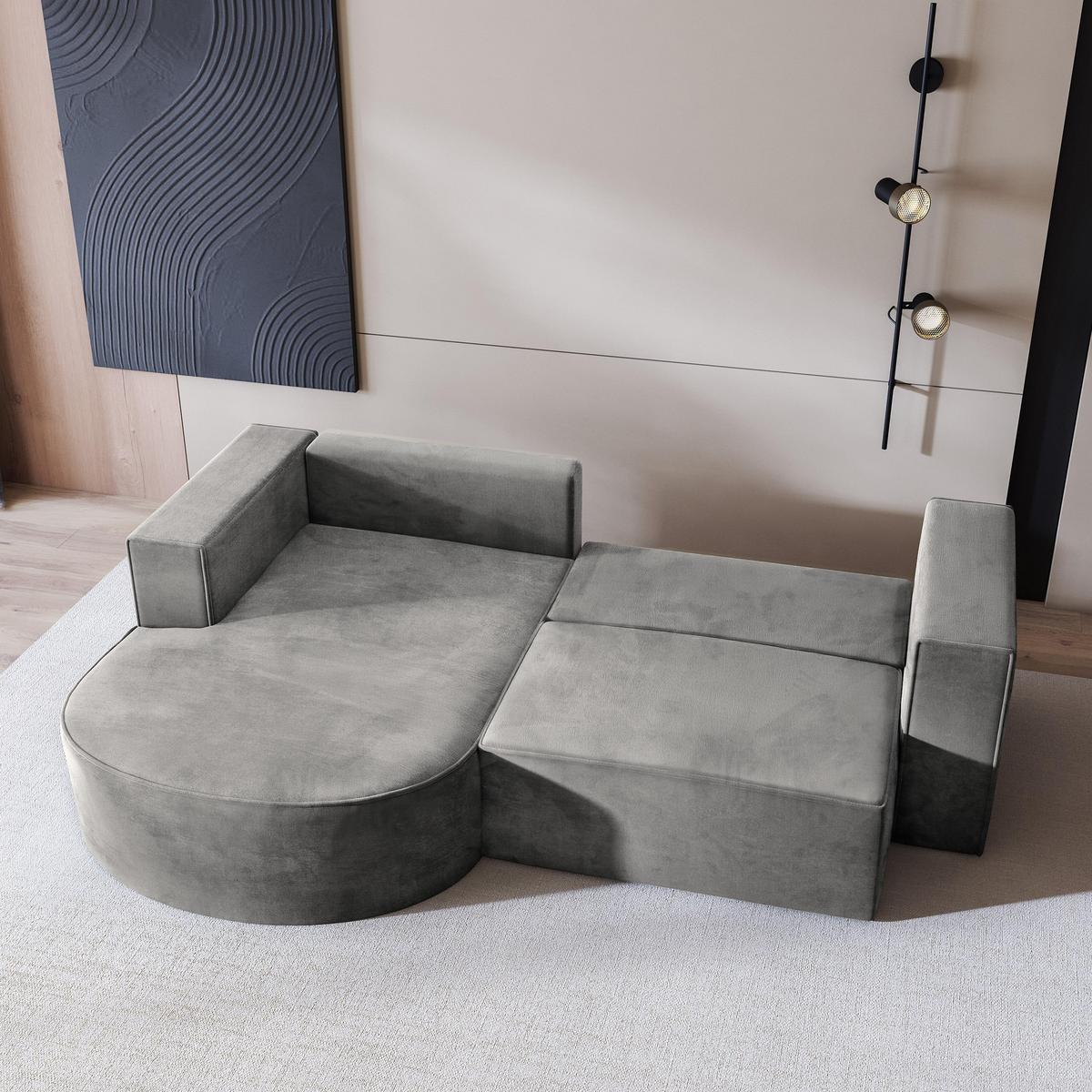 ECKSOFA SORELA M L-S Hellgrau Velours-Stoff mit Schlaffunktion - Hellgrau, Holz (263/174cm) - MASSENO