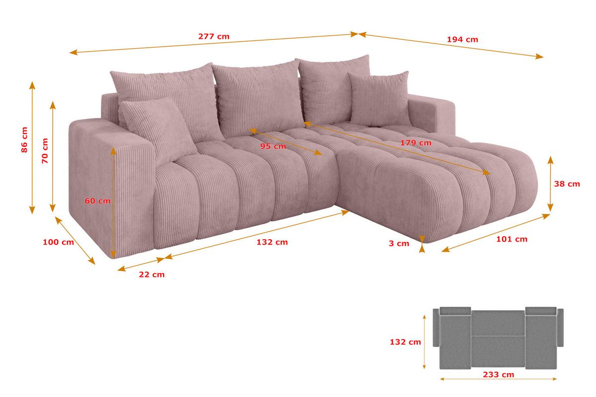 ECKSOFA mit Schlaffunktion Ottomane Rechts MILA-L-v1 277x195x86 Rosa Cord - Schwarz/Rosa, Holzwerkstoff/Kunststoff (277/194cm) - ALTDECOR