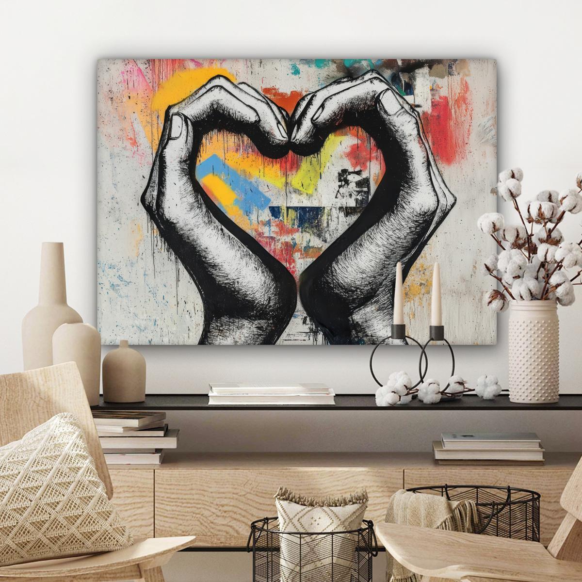 LEINWANDBILD Hände - Herz - Straßenkunst - Graffiti Wandbilder 80x60 cm - Multicolor, Textil (80/60cm) - MuchoWow