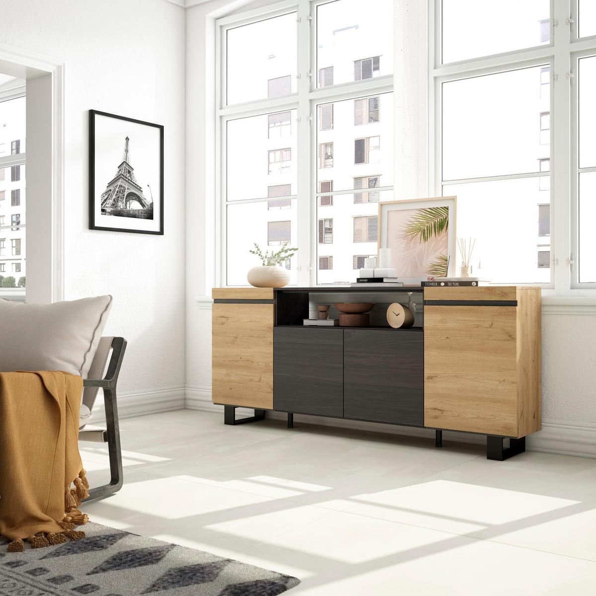 SIDEBOARD eiche, schwarz, 200/35/87cm - Multicolor, Holzwerkstoff (200/87/35cm) - Skraut Home