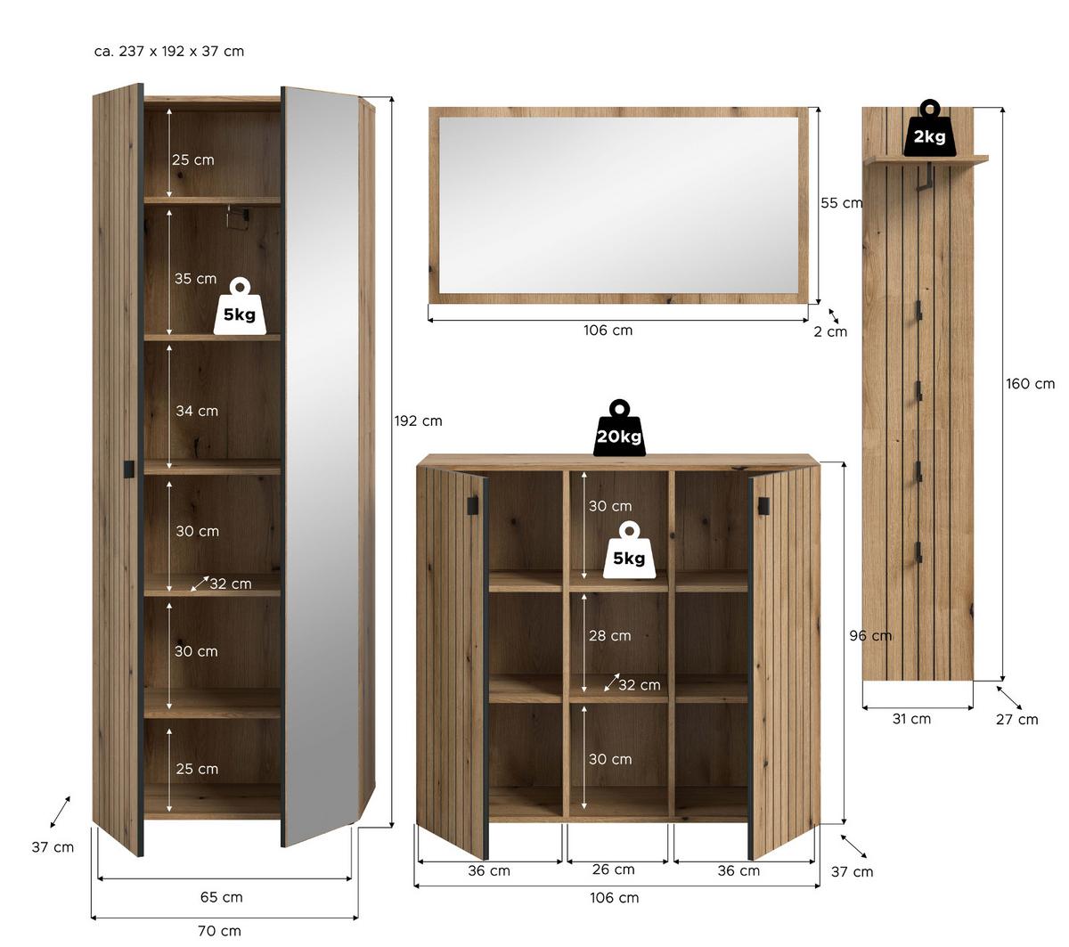 GARDEROBEN-SET Evoke Eiche 4-teilig 237 cm, Garderobenkombination mit viel Stauraum - Schwarz/Eiche Artisan, Glas/Holzwerkstoff (237/182/37cm) - Inn.Furn