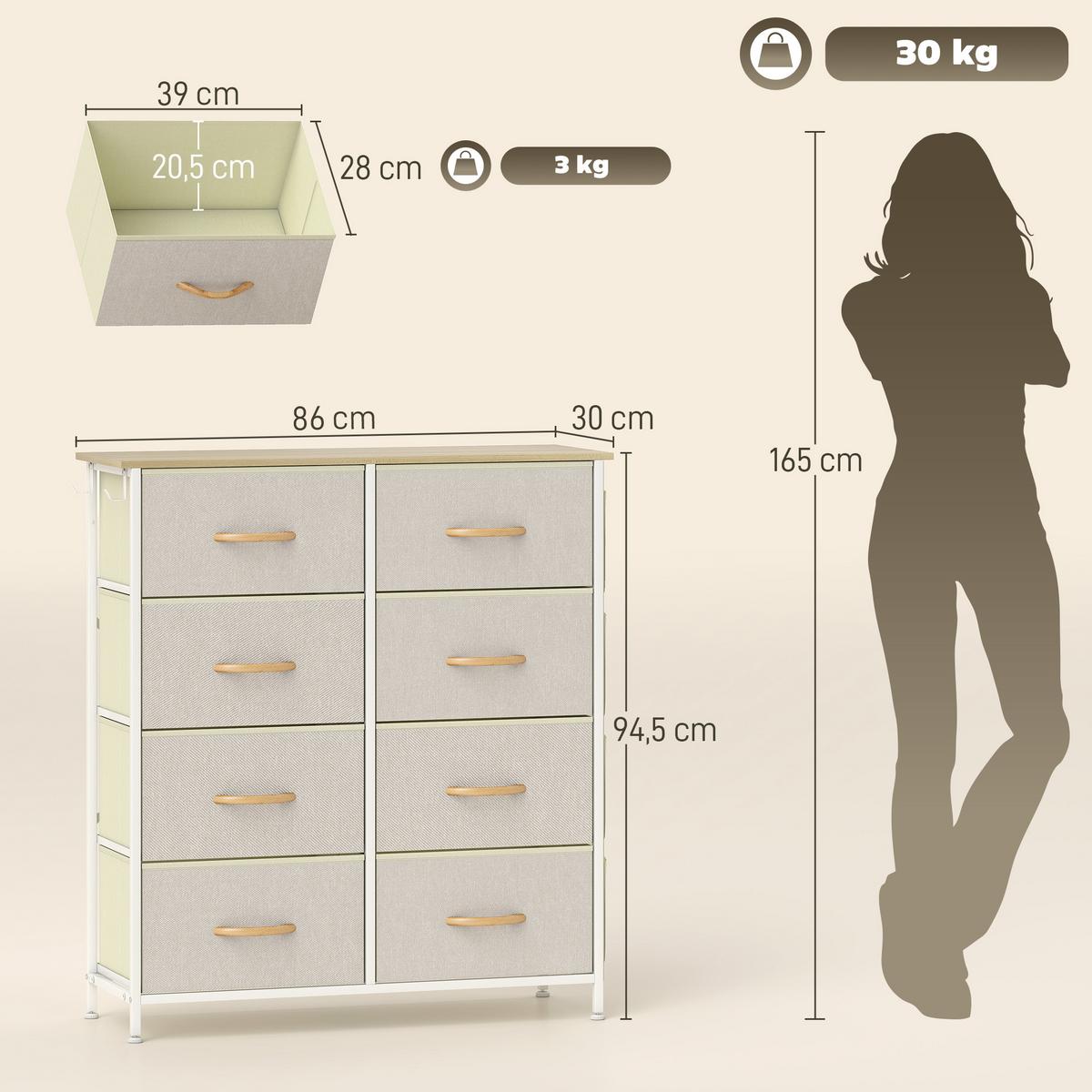 KOMMODE Schrank mit 8 Schubladen aus Stoff, Haken, Seitentasche, Stahlrahmen - Beige/Naturfarben, Holz/Textil (30/94.5/86cm) - HOMCOM