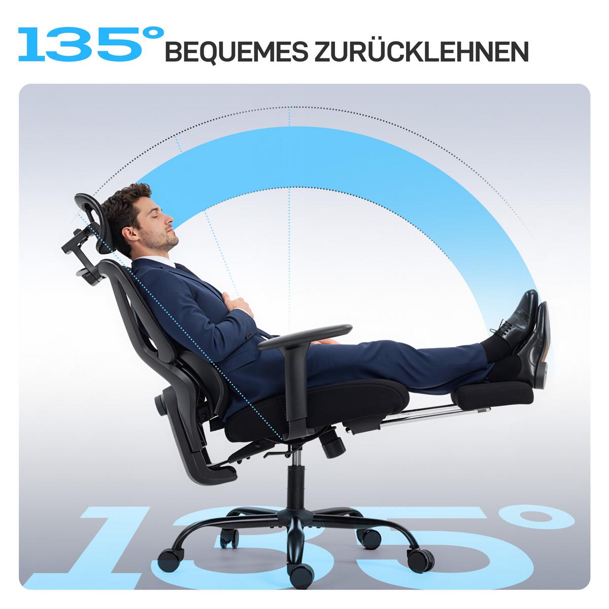BÜROSTUHL ergonomisch mit Netzstoff, verstellbare Kopfstütze - Schwarz, Kunststoff/Textil (73/128/75cm) - HOMCOM