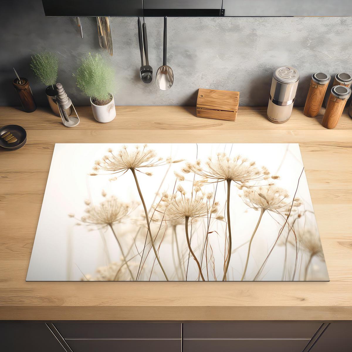 HERDABDECKPLATTE Blumen - Weiß - Sonnenlicht Induktionsmatte 81x52 cm - Ecru, Kunststoff (81/52/0.2cm) - MuchoWow