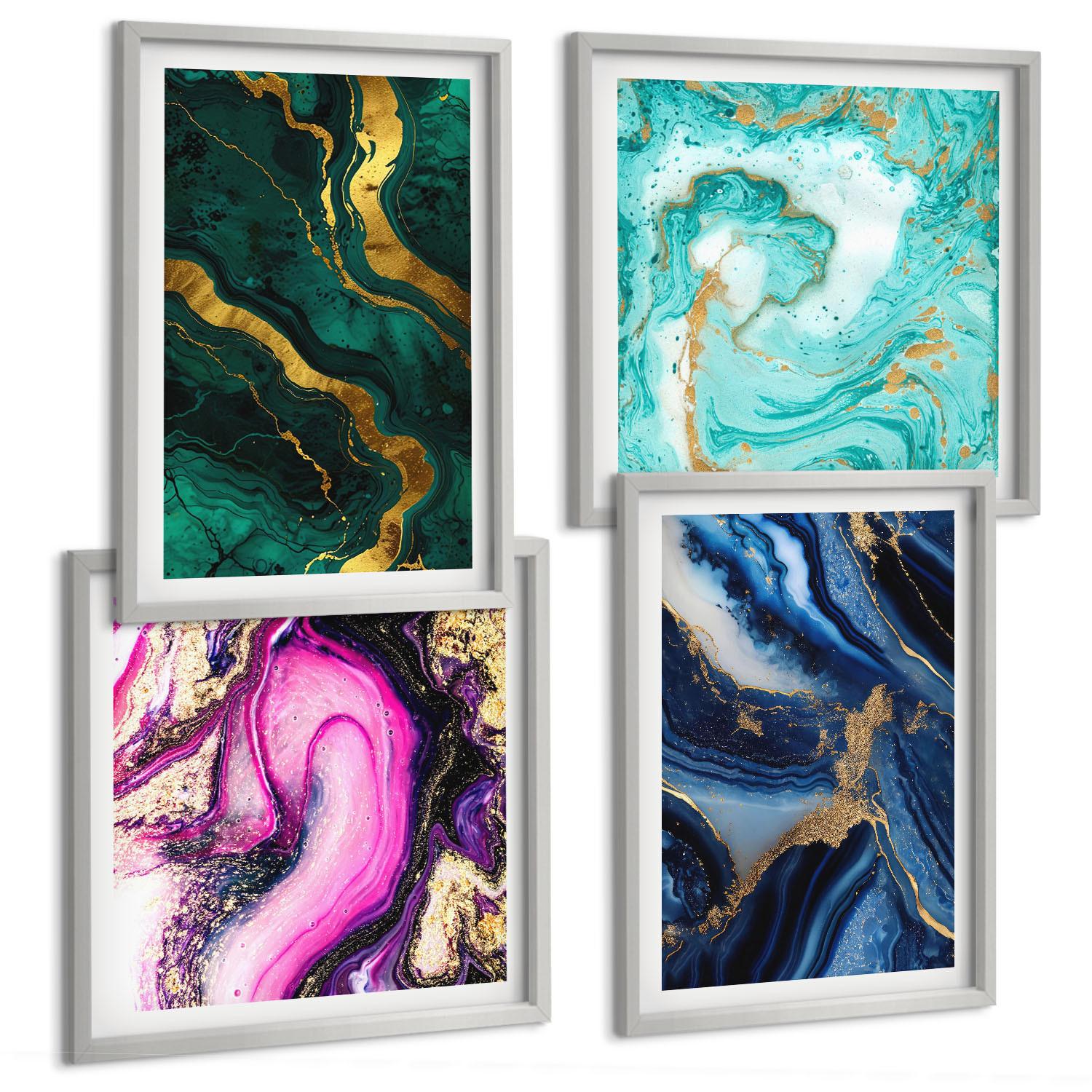 BILDER SET 4er Set - 50x50 cm & 40x60 cm Silberner Rahmen - Abstrakte Muster in Rosa, Grün und Blau - Silberfarben, Kunststoff (50/50cm) - TULUP