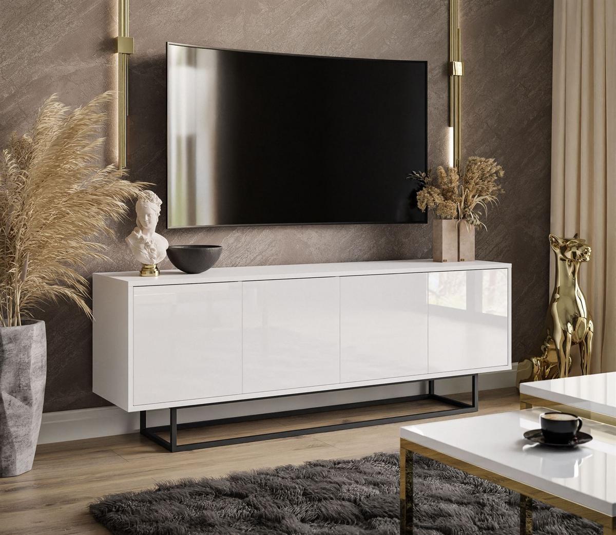 TV-ELEMENT SANAYI auf schwarzem Gestell / Hochglanz Weiß - Schwarz/Weiß, Holzwerkstoff (156/57/38cm) - Lookway