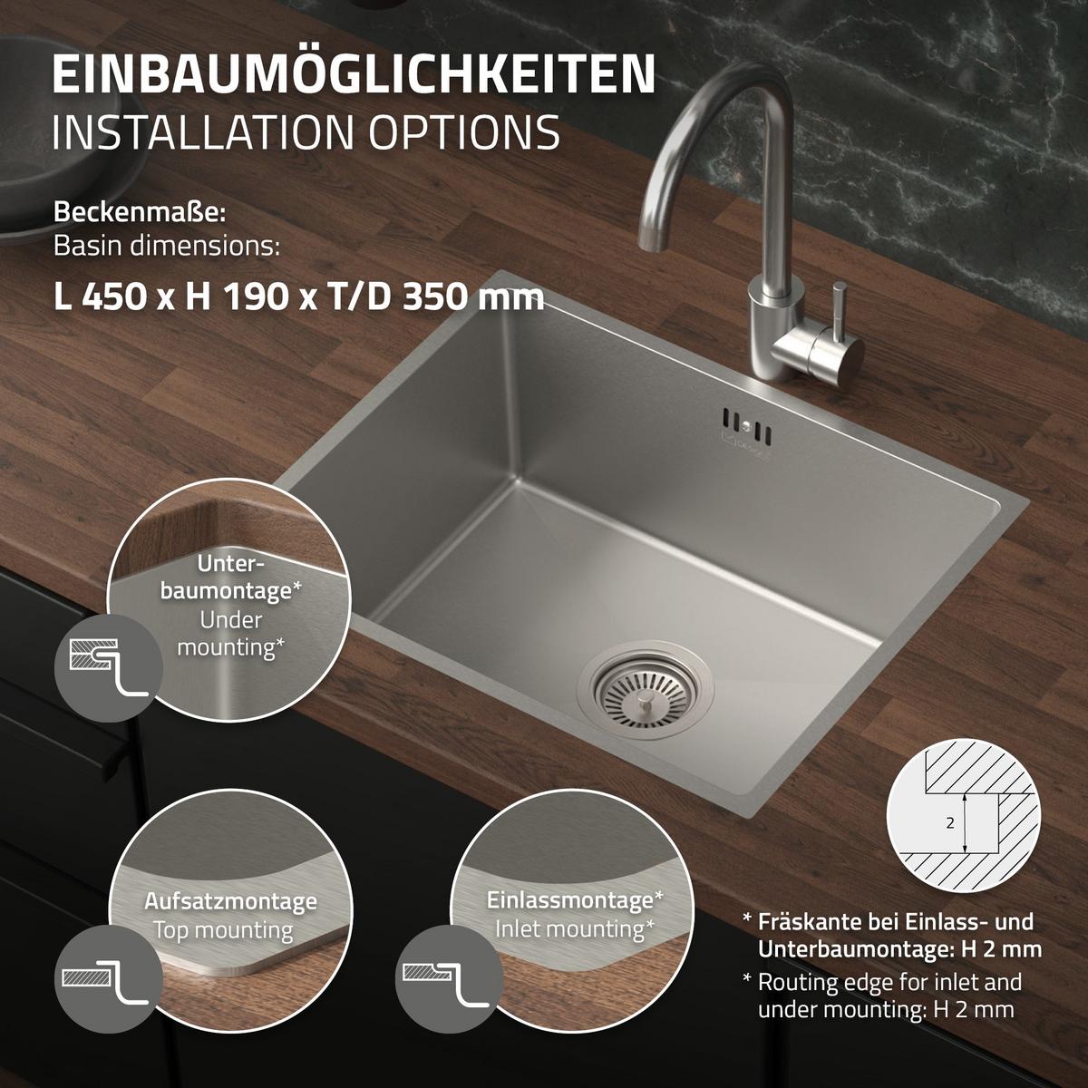 SPÜLBECKEN aus Edelstahl 50x40 cm mit Siphon - Silberfarben, Metall (50/20/40cm) - ML-DESIGN