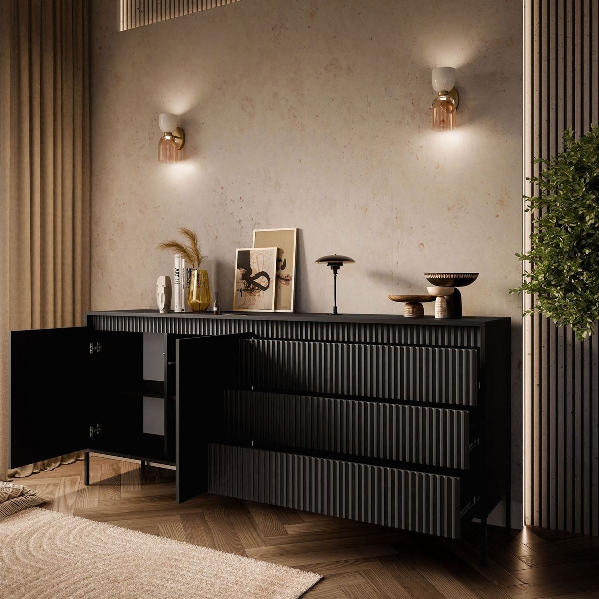SIDEBOARD YASUMI 187 2D3S mit Schubladen schwarz matt - Schwarz, Holzwerkstoff (187.1/81.4/39.5cm) - Lookway