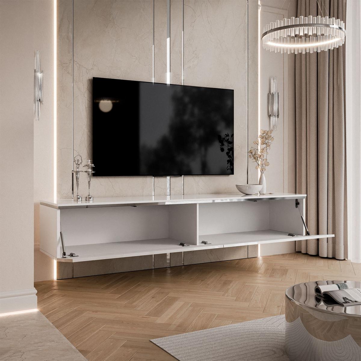 TV-SCHRANK AURORA SILVER 180 cm mit LED-Beleuchtung – hängend - Weiß Hochglanz, Holzwerkstoff (180/32/40cm) - Lookway