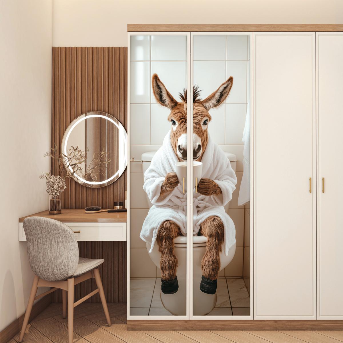 TÜRAUFKLEBER Esel - WC - Lustig - Bademantel - Tier 80x215 cm - Türtapete - Beige, Kunststoff (80/0.1cm) - MuchoWow