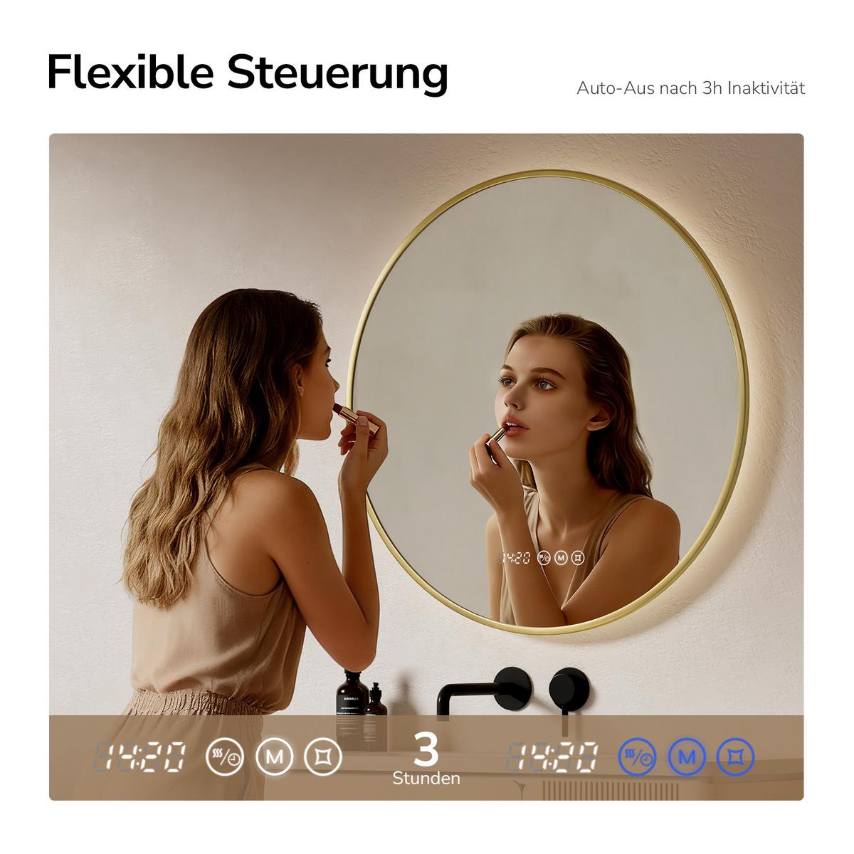 BADSPIEGEL mit LED-Beleuchtung, Anti-Beschlag-Funktion und Uhrzeitanzeige Goldfarben Ø 70 cm - Goldfarben, Glas (70/70/3.3cm) - EMKE