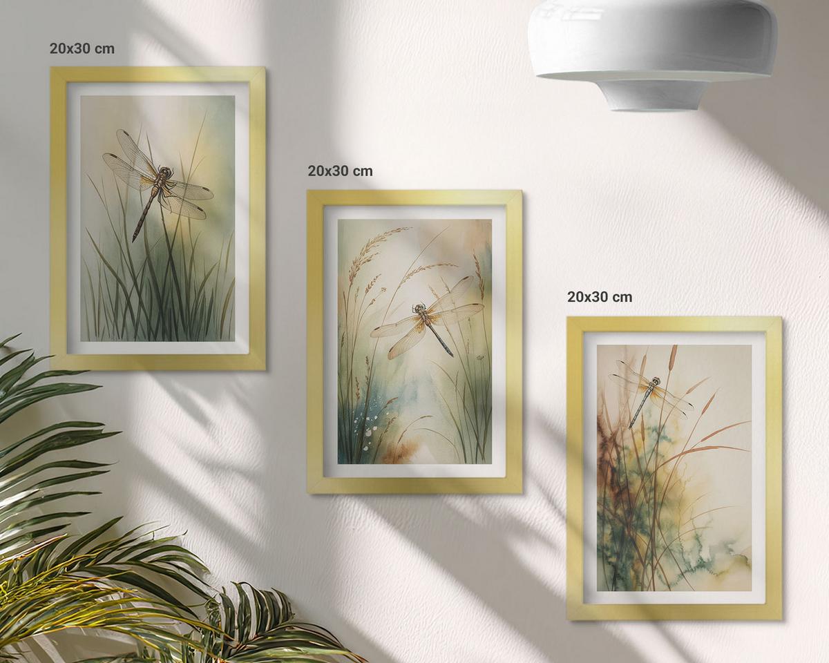 BILDER SET 3er Set - 20x30 cm Goldrahmen - Libellengräser über dem Wasser - Goldfarben, Kunststoff (20/30cm) - TULUP