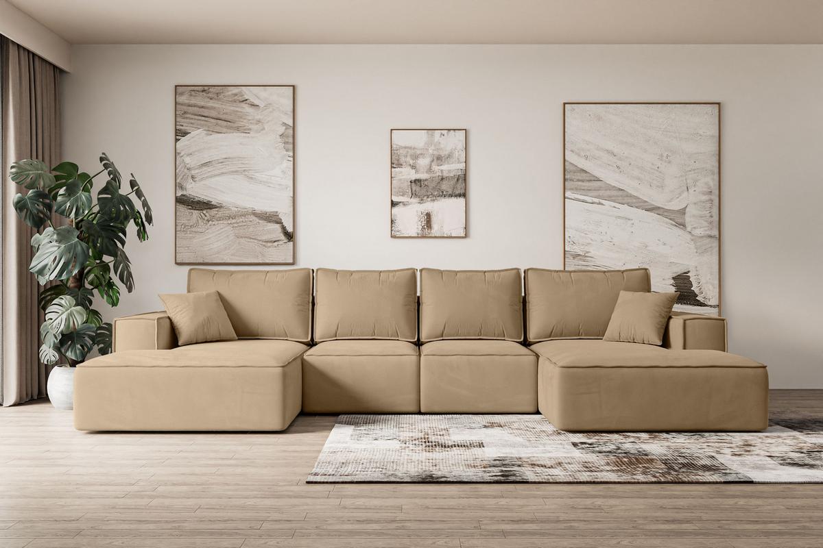 WOHNLANDSCHAFT mit Schlaffunktion und Bettkasten SIERRA-U-S - 349x161x87 cm Beige Velours - Beige/Schwarz, Holzwerkstoff/Kunststoff (349/87/161cm) - ALTDECOR