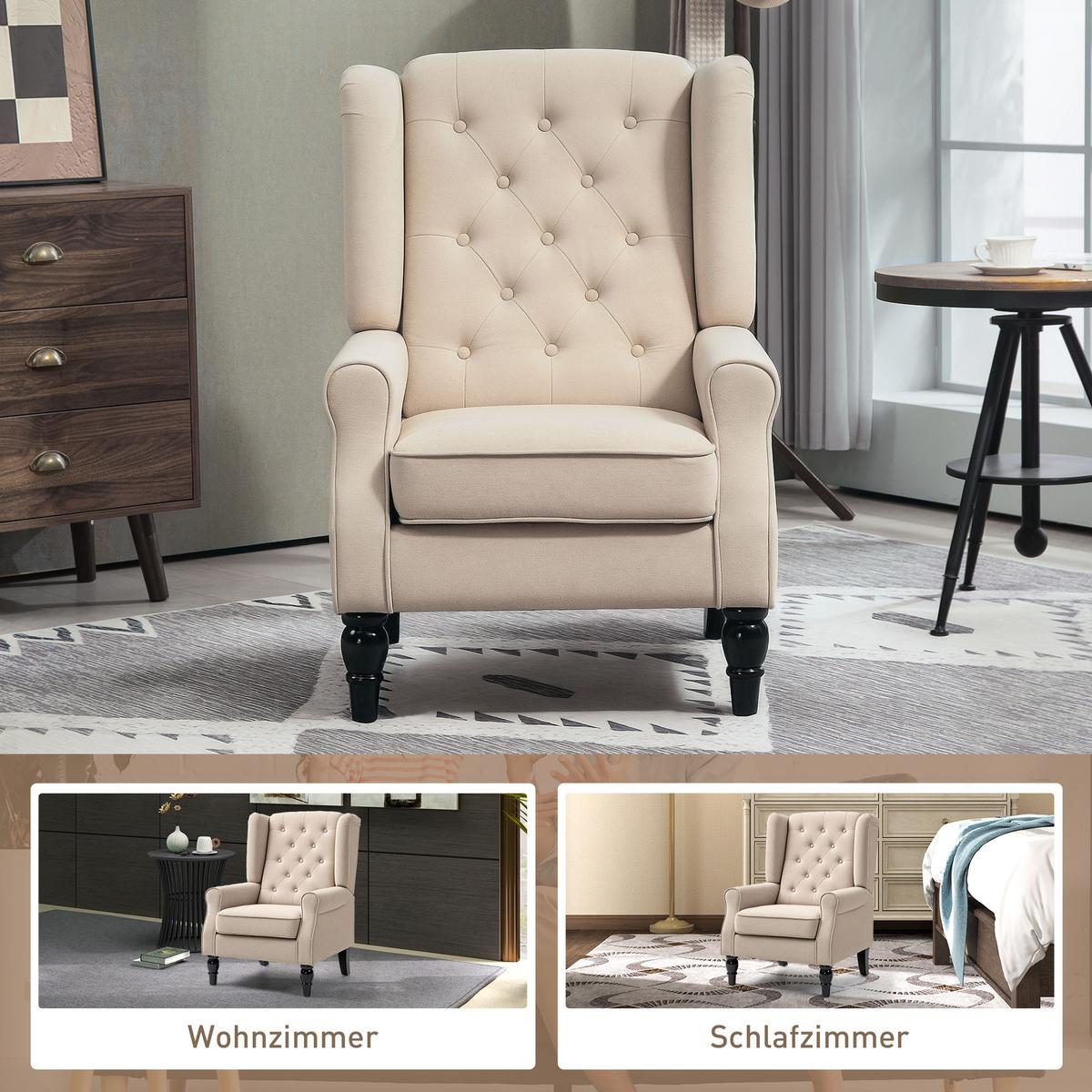 OHRENSESSEL Gepolstert Sessel mit Tufting, hoher Rückenlehne bis 160 kg, Beige - Beige/Schwarz, Holz/Textil (74/102/87cm) - HOMCOM