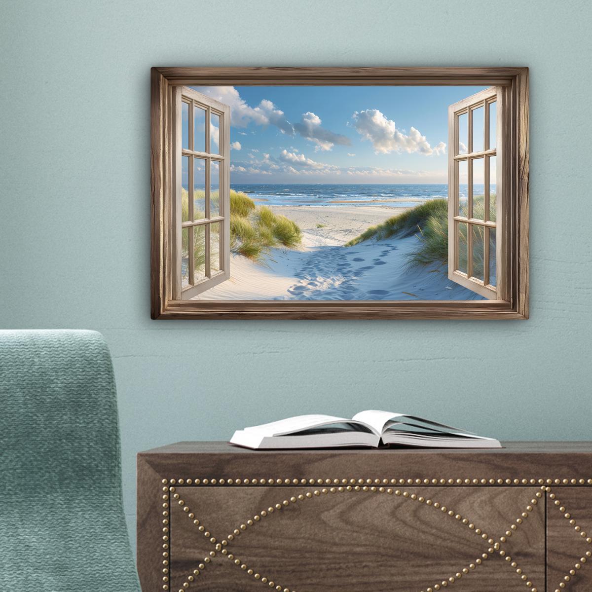 LEINWANDBILD Aussicht - Strand - Fenster - Dünen - Meer Deko Schlafzimmer 30x20 cm - Hellblau, Textil (30/20cm) - MuchoWow