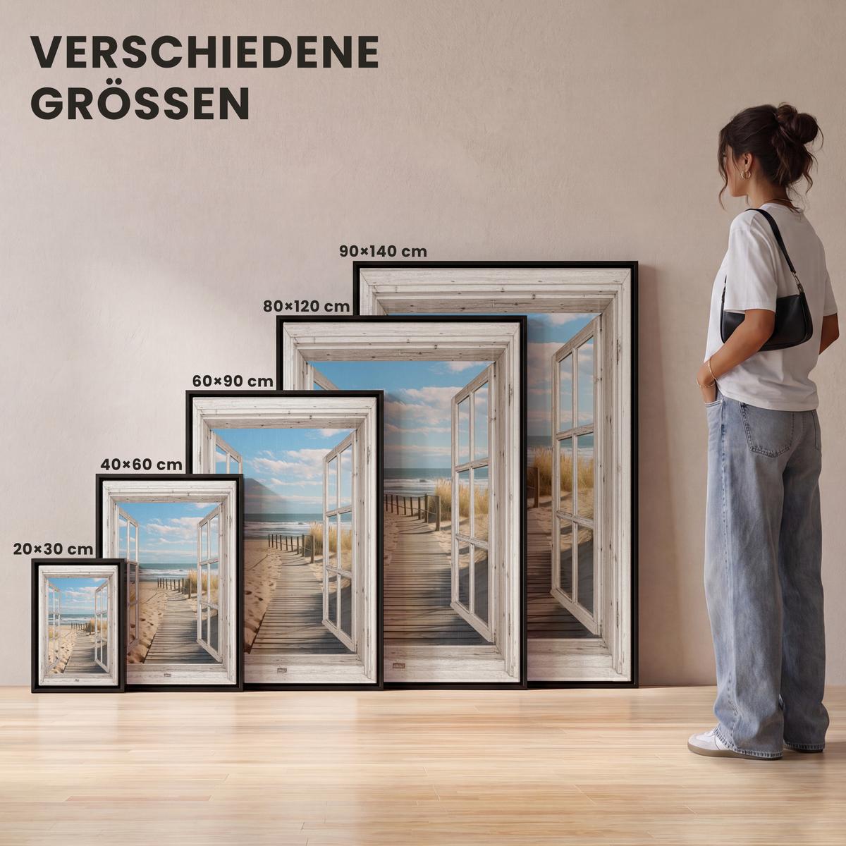 LEINWAND Bilder mit Rahmen - Fenster - Meer - Küste - Natur - Ausblick - Strand - Wattenmeer - 80x120 - Beige, Textil (80/120cm) - MuchoWow