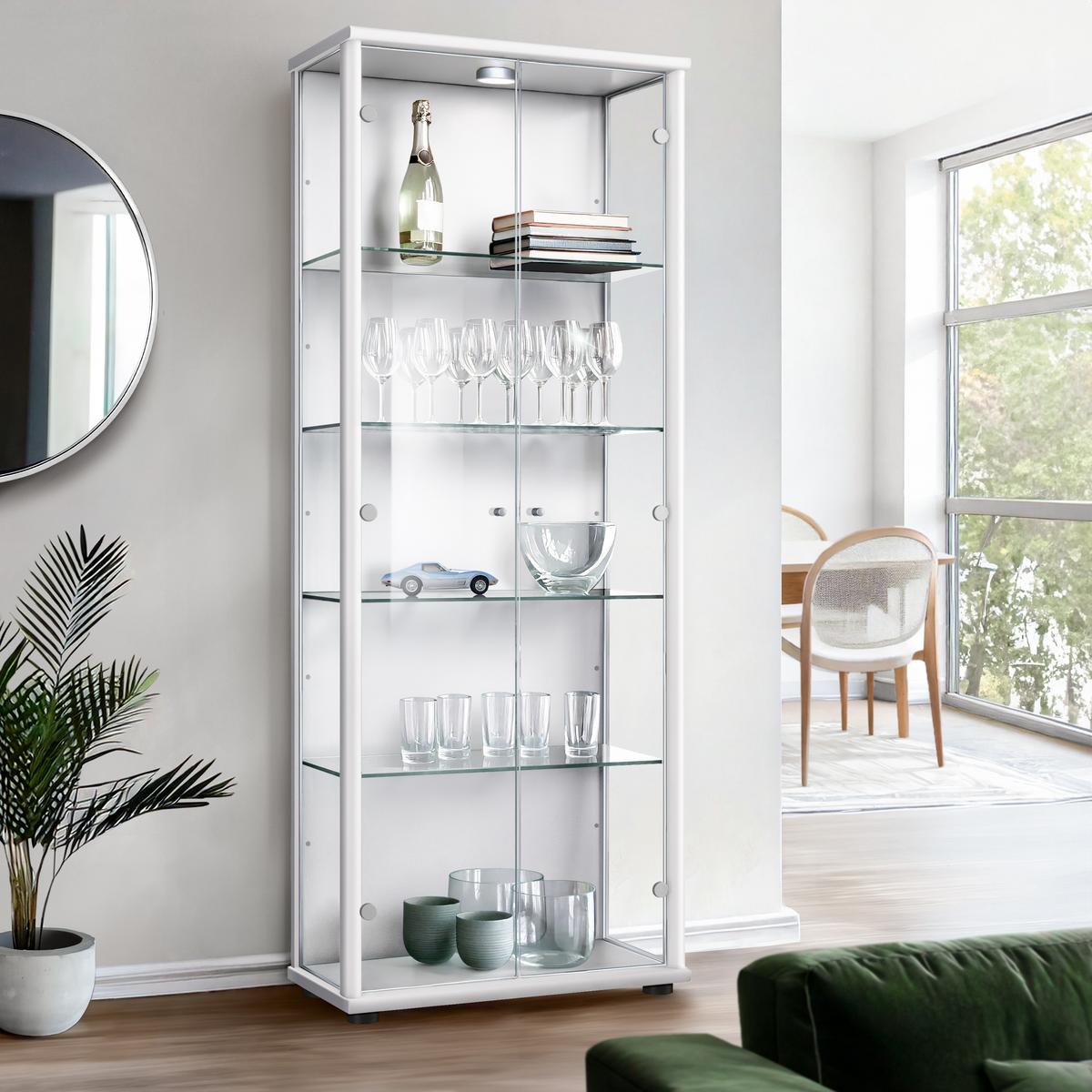 VITRINE 33/67/176 cm mit LED & 4 höhenverstellbaren Glasböden - Transparent/Silberfarben, Glas/Holzwerkstoff (67/176/33cm) - K-Möbel