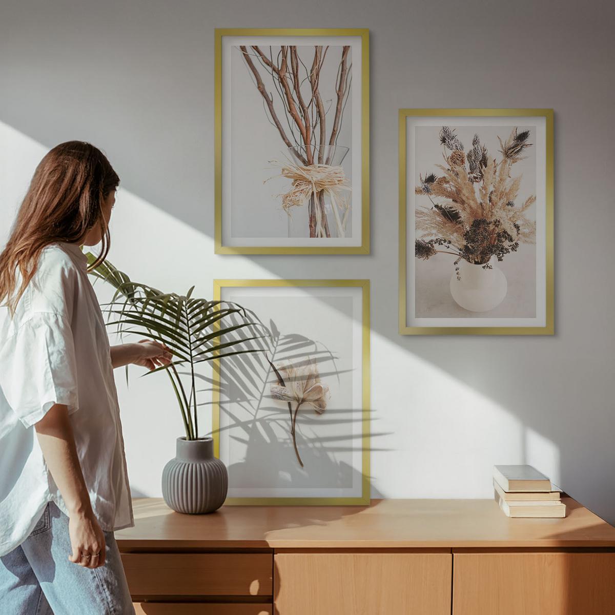 BILDER SET 3er Set - 40x60 cm Goldrahmen - Blumenzweige minimalistisch - Goldfarben, Kunststoff (40/60cm) - TULUP