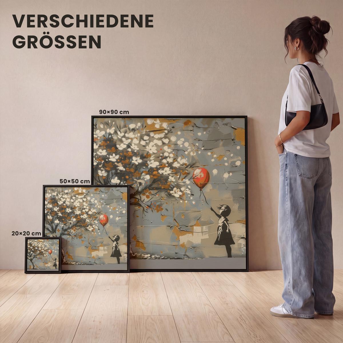 LEINWAND Bilder mit Rahmen - Baum - Graffiti - Banksy-Stil - Ballon-Mädchen - 20x20 - Blaugrau, Textil (20/20cm) - MuchoWow