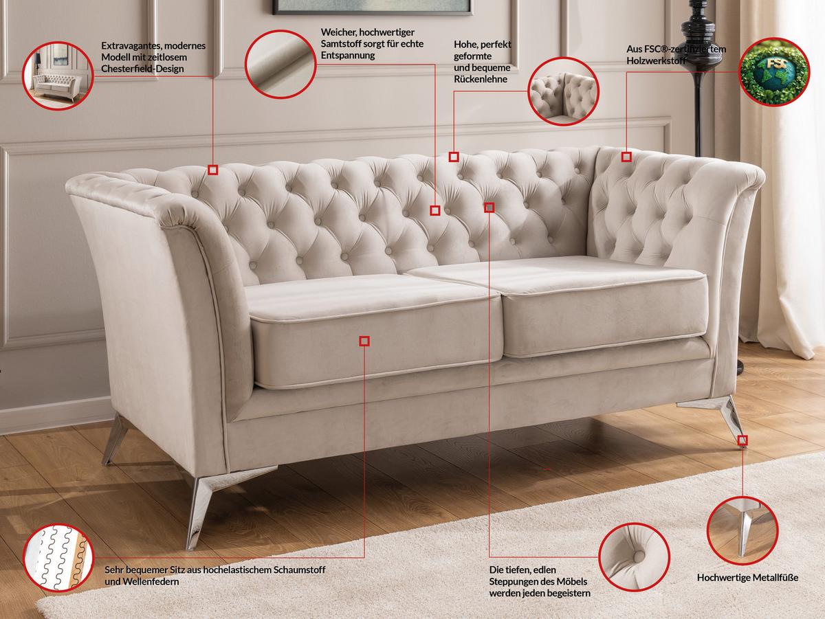 CHESTERFIELD-SOFA 2-sitzer Whitby Beige Samt mit silbernen Füßen - Beige/Silberfarben, Holz/Textil (175/78/82cm) - S-Style Möbel