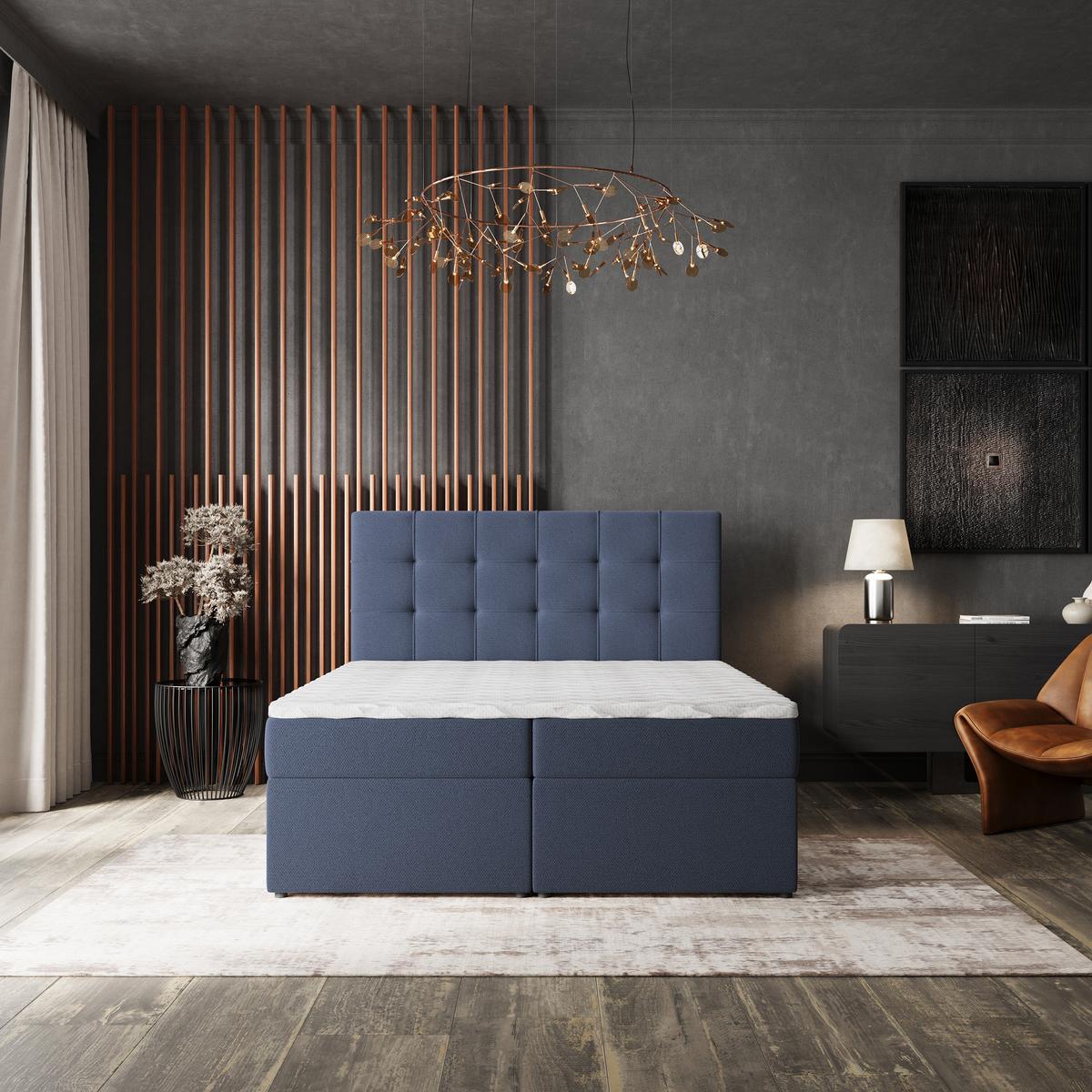 BOXBETT PALMA 180x200 cm mit Matratze und Topper, H2+H3 - Blau - Blau, Holz (180/200cm) - MASSENO