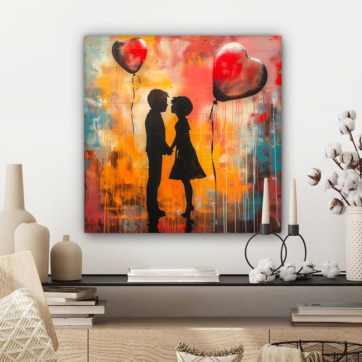 LEINWANDBILD Straßenkunst - Liebe - Graffiti - Kunst - Banksy Wandbild Wohnzimmer 50x50 cm - Orange, Textil (50/50cm) - MuchoWow