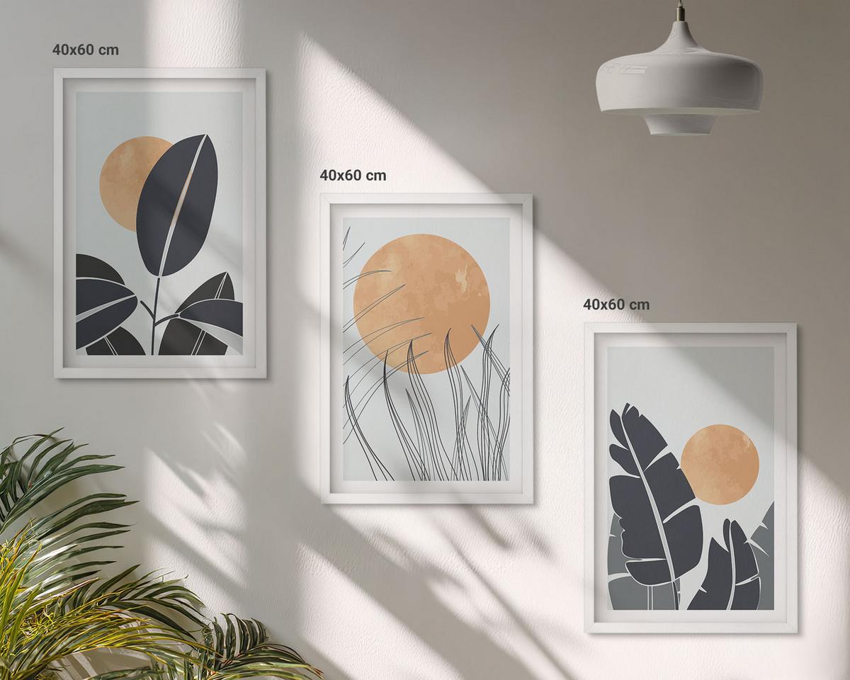 BILDER SET 3er Set - 40x60 cm Weißer Rahmen - Pflanzenmuster große Sonnen minimalistisch - Weiß, Kunststoff (40/60cm) - TULUP