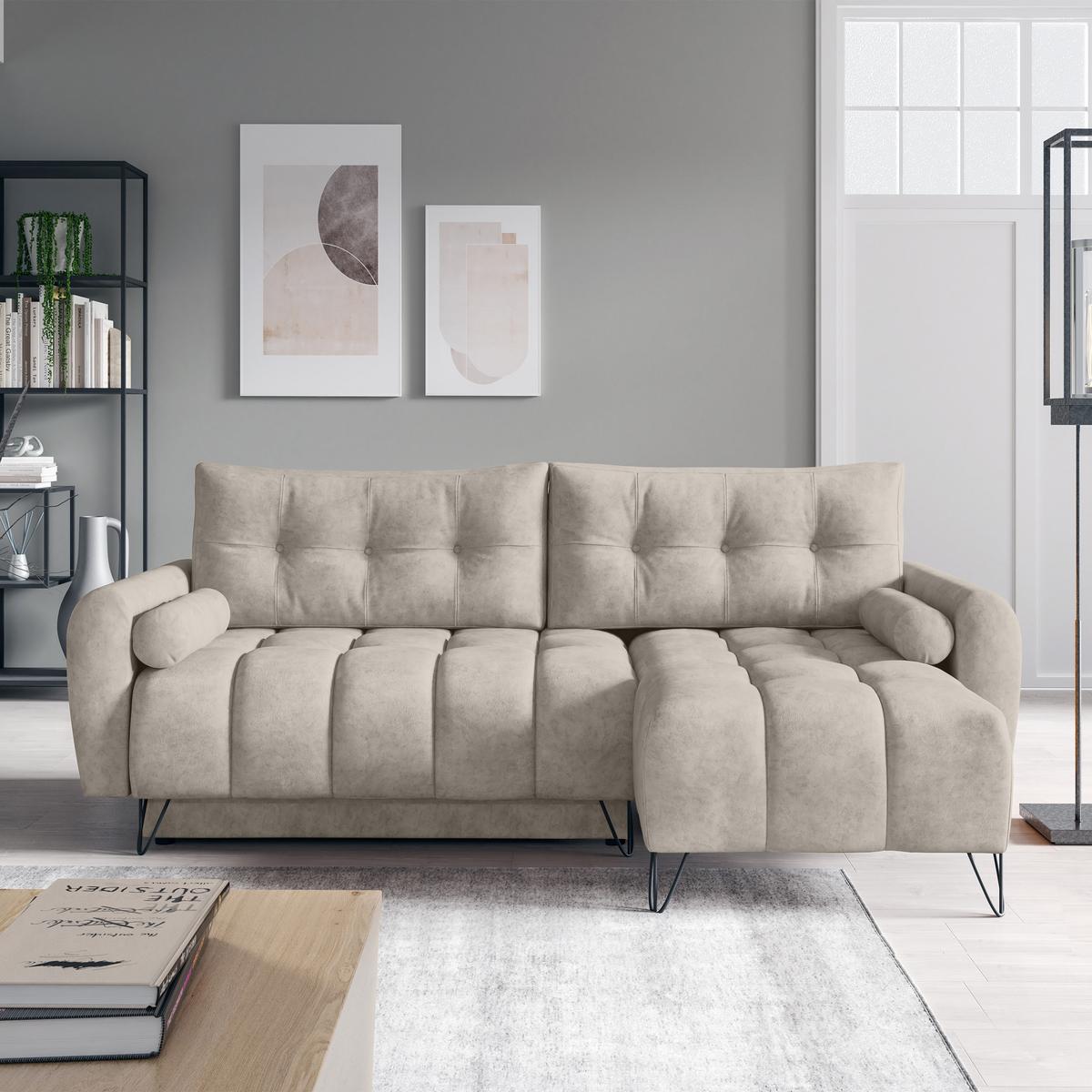 ECKSCHLAFSOFA Malaga Mini universeller Ottomane, Beige - Creme/Schwarz, Textil (222/148cm) - Beautysofa