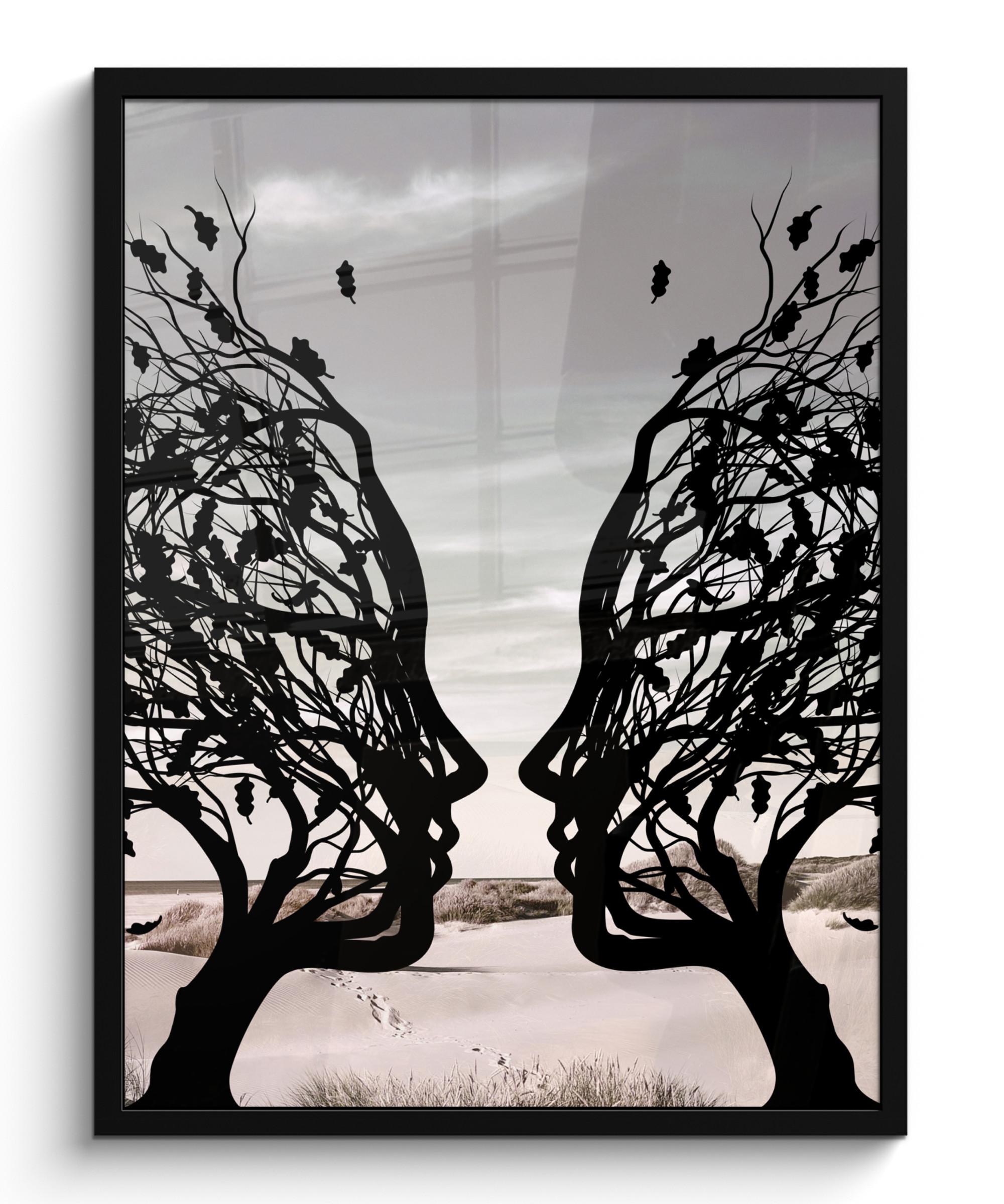 POSTER MIT RAHMEN Strand - Meer - Menschen - Baum - Moderne Kunst Posterleiste 60x80 cm - Hellgrau, Papier (60/80cm) - MuchoWow