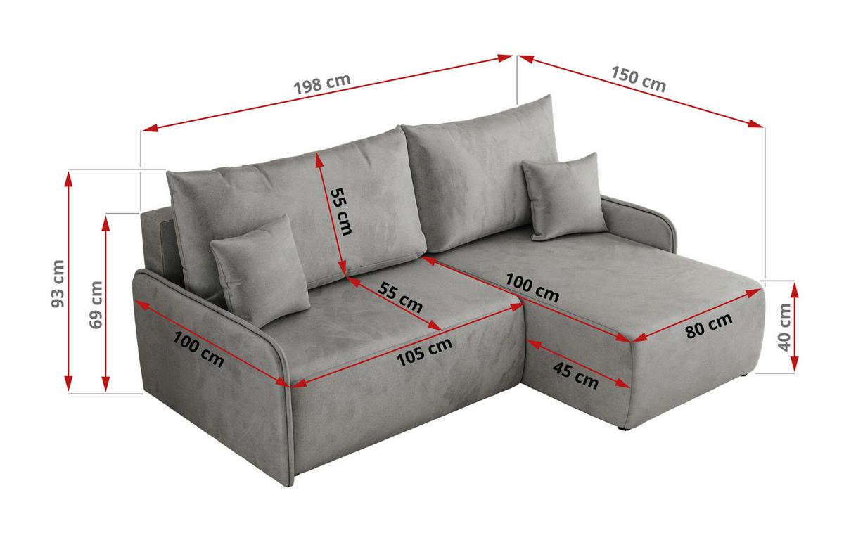 ECKSCHLAFSOFA ARPA L Hellgrau Velvet - links - Hellgrau/Schwarz, Kunststoff/Textil (198/150cm) - MKS