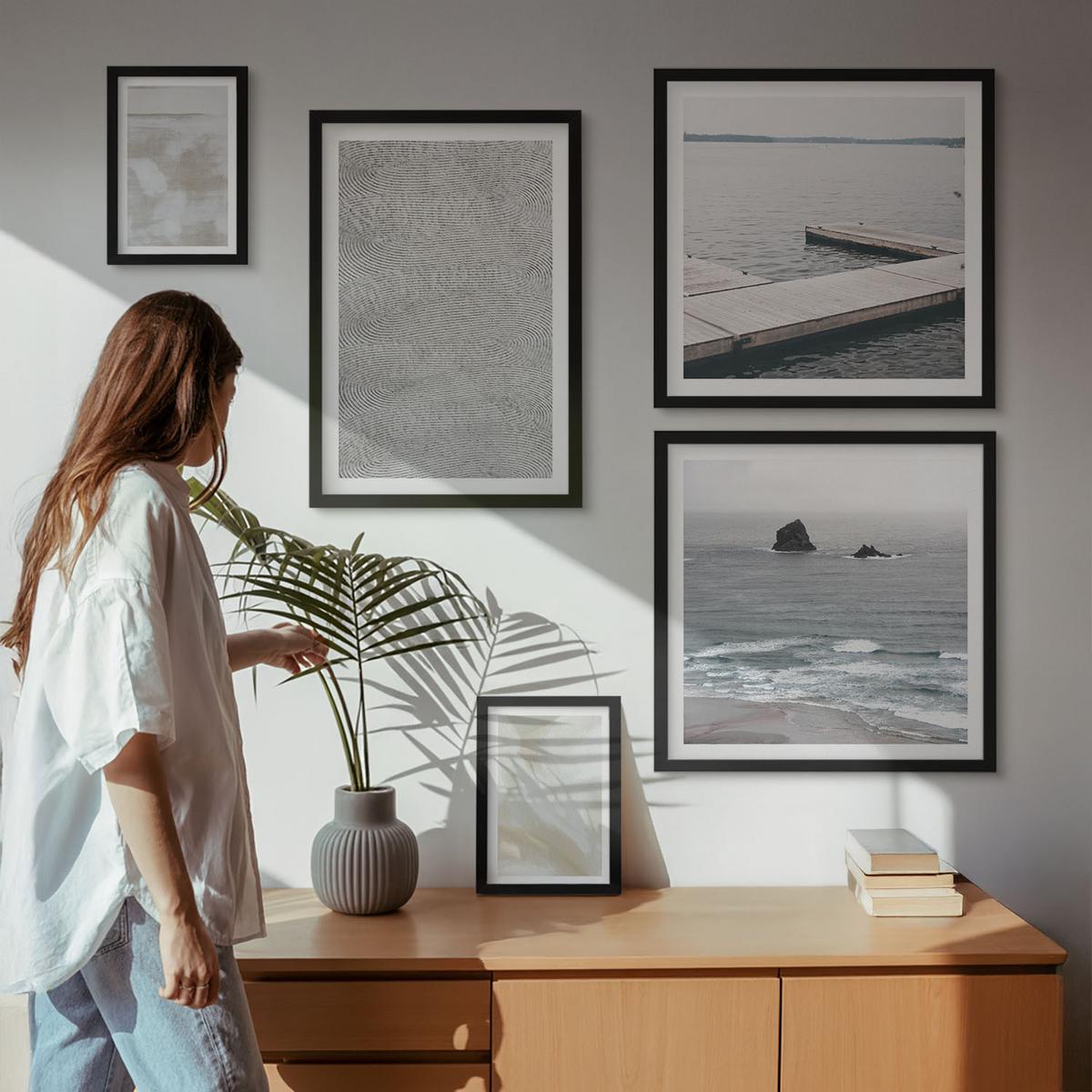 BILDER SET 5er Set - 50x50 cm & 20x30 cm & 40x60 cm Schwarzer Rahmen - Abstraktes Design, moderne Texturen - Schwarz, Kunststoff (40/60cm) - TULUP