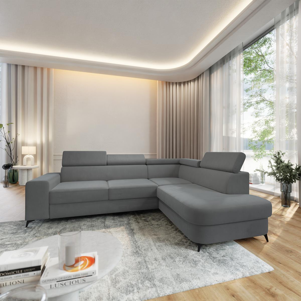 ECKSOFA ALVORO R-S Grau Velours-Stoff mit Schlaffunktion - Grau, Holz (253/190cm) - MASSENO