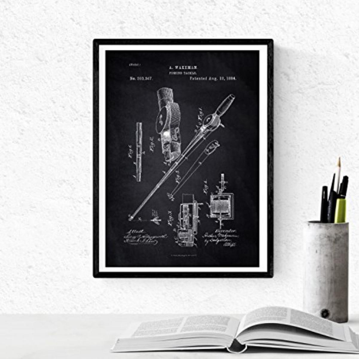 POSTER Set mit 4 Schwarz PATENT FISCHEN A4 Schwarzer Rahmen - Schwarz, Papier (29.7/3cm) - Nacnic