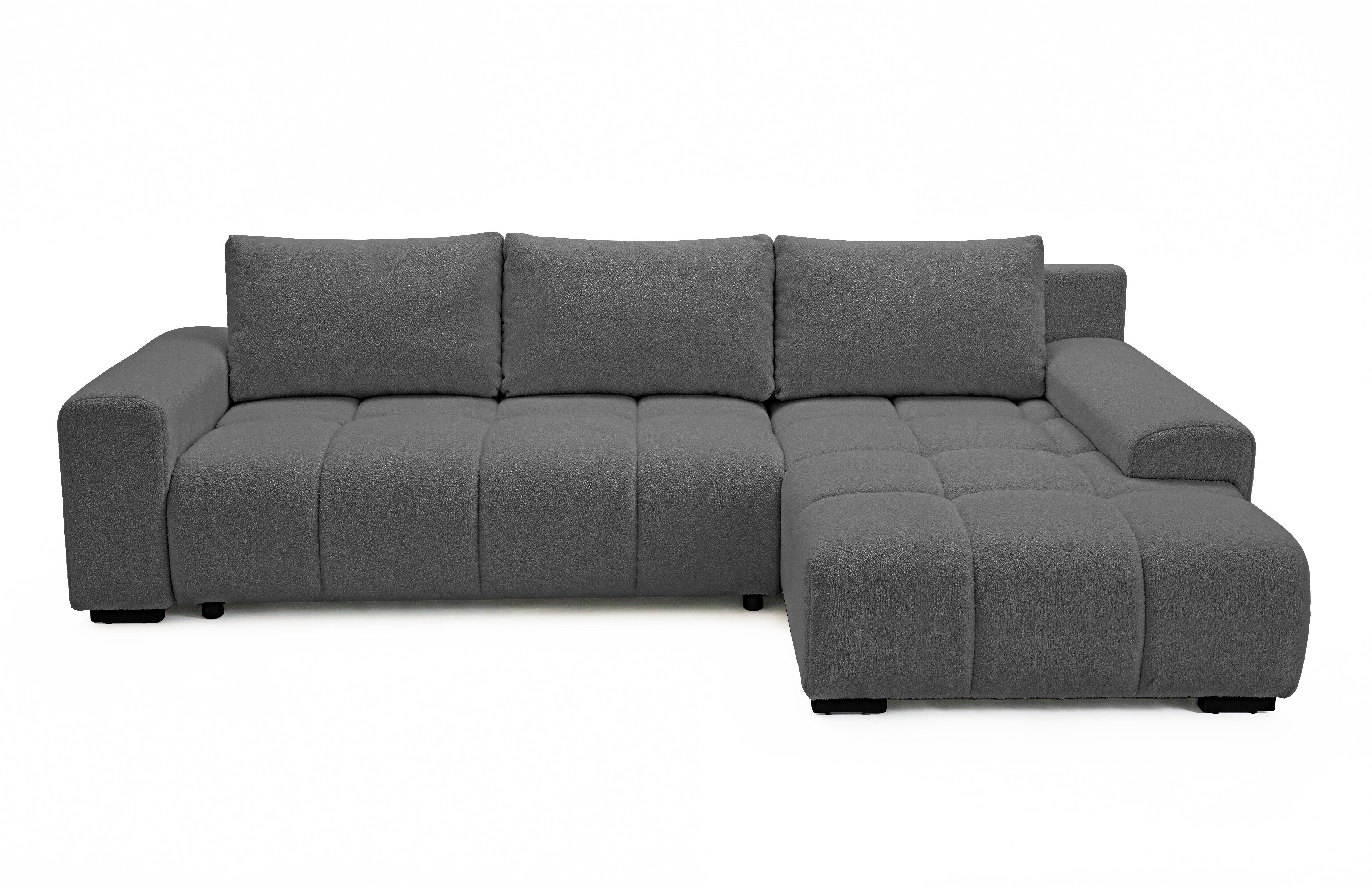 ECKSOFA Ovia mit Bettkasten und Schlaffunktion, Bouclé-Stoff in L-Form - Dunkelgrau, Textil (270/185cm)