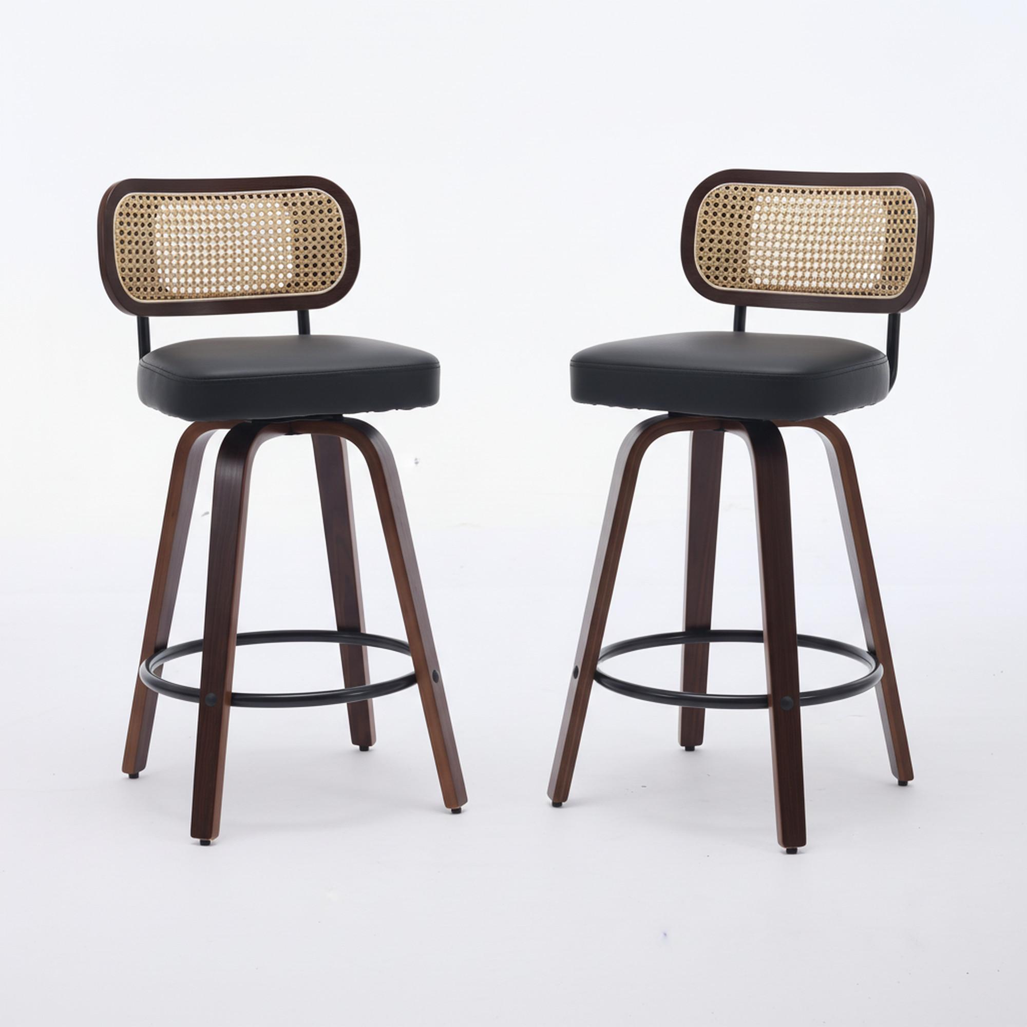 BARHOCKER SET 2 STK. 90 cm Walnuss & Schwarz Drehbare Rattan Barstühle mit Polstersitz - Schwarz, Leder (56/90/43cm) - Urban Meuble