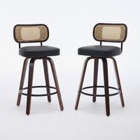 BARHOCKER SET 2 STK. 90 cm Walnuss & Schwarz Drehbare Rattan Barstühle mit Polstersitz - Schwarz, Leder (56/90/43cm) - Urban Meuble