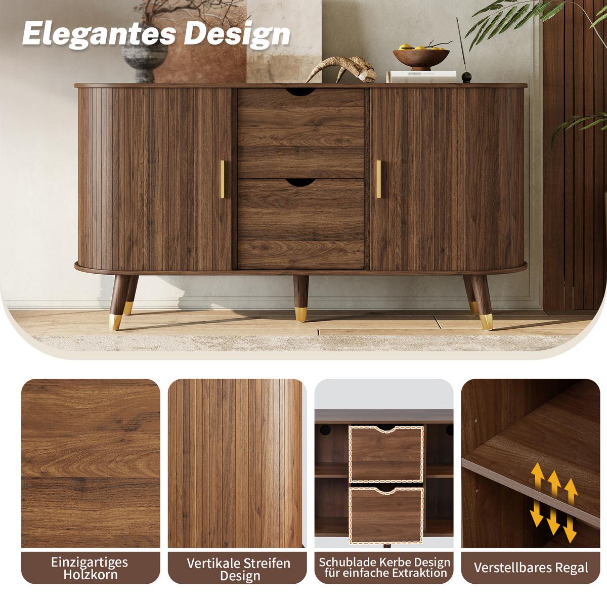 SIDEBOARD walnuss rund 140cm schiebetüren schubladen - Walnussfarben, Holzwerkstoff (140/79.5/40cm) - Urban Meuble