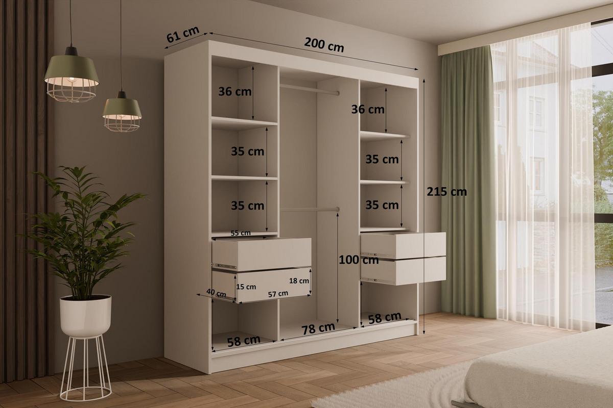 KLEIDERSCHRANK mit Spiegel V2-VITA 215x200 cm - Weiß|Grau - Weiß/Grau, Holzwerkstoff (200/215/61cm) - ALTDECOR