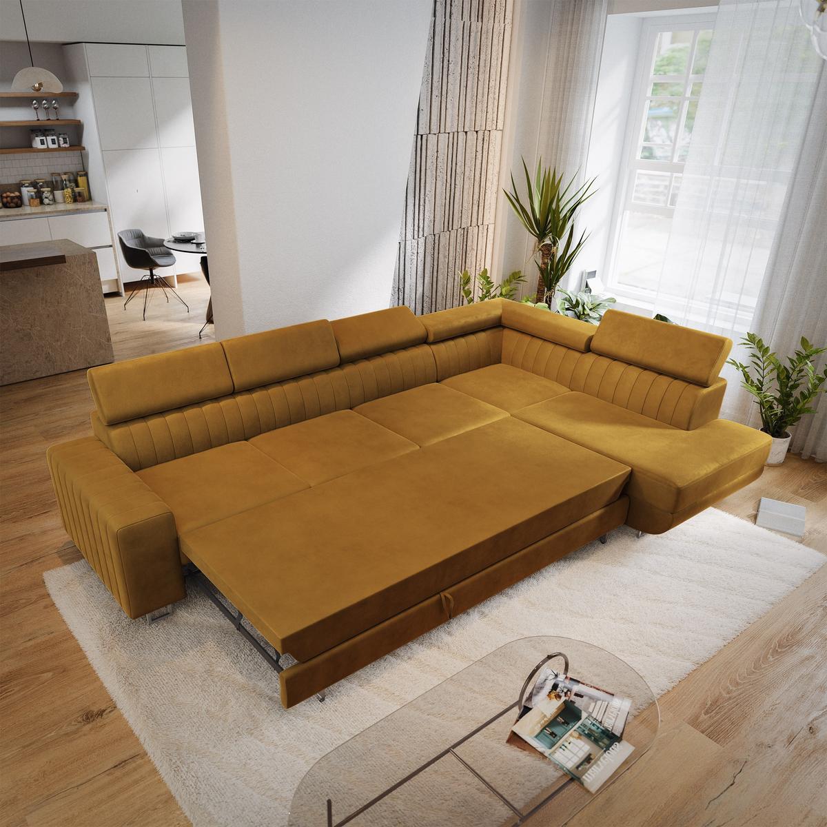 ECKSOFA HESTION Gelb Velours-Stoff mit Schlaffunktion - Gelb, Holz (332/190cm) - MASSENO