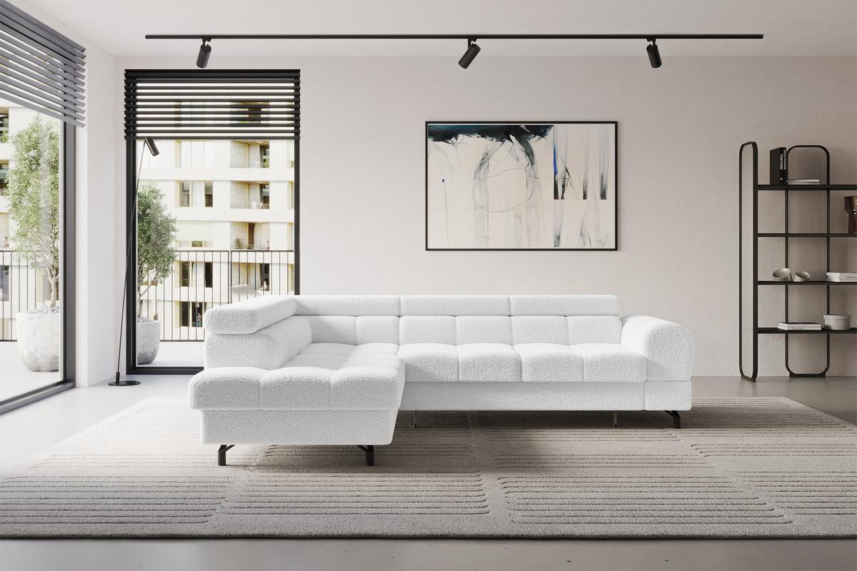 ECKSOFA mit Schlaffunktion Ottomane Links LUMA-L 272x203x70 Weiß Bouclé - Schwarz/Weiß, Holzwerkstoff/Kunststoff (272/203cm) - ALTDECOR