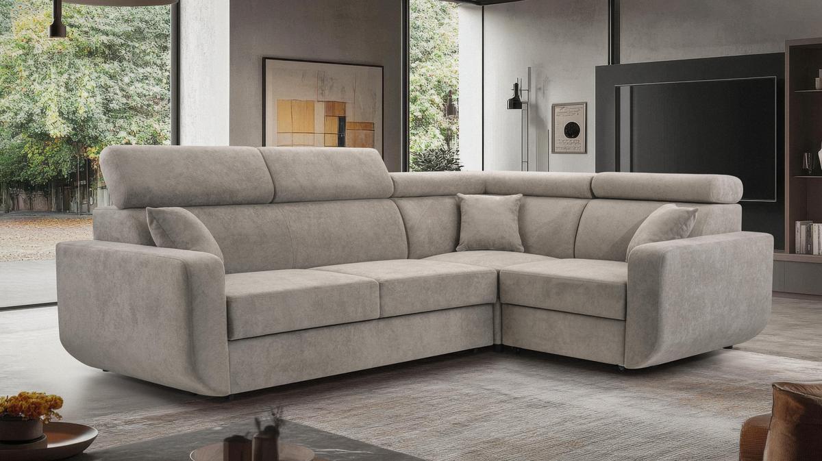 ECKSOFA RENO Beige Plüsch-Stoff mit Schlaffunktion - Beige, Holz (263/184cm) - MASSENO
