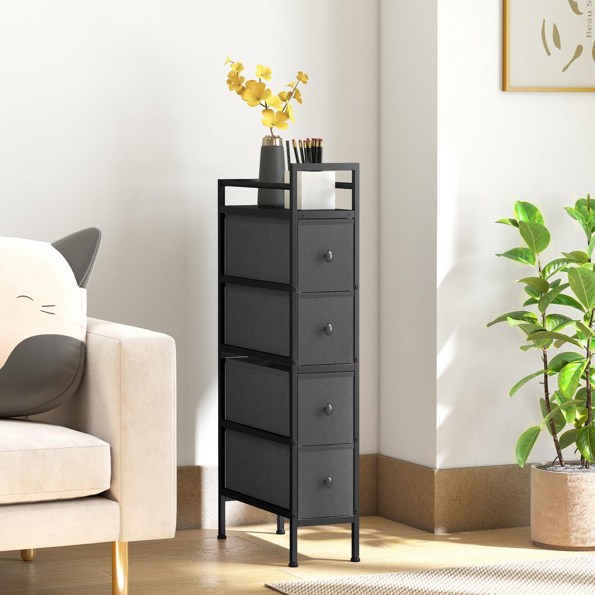 KOMMODE Schrank mit 4 Schubladen aus Vliesstoff Schmal Aufbewahrungsschrank - Schwarz, Kunststoff/Textil (43/81.5/20cm) - HOMCOM