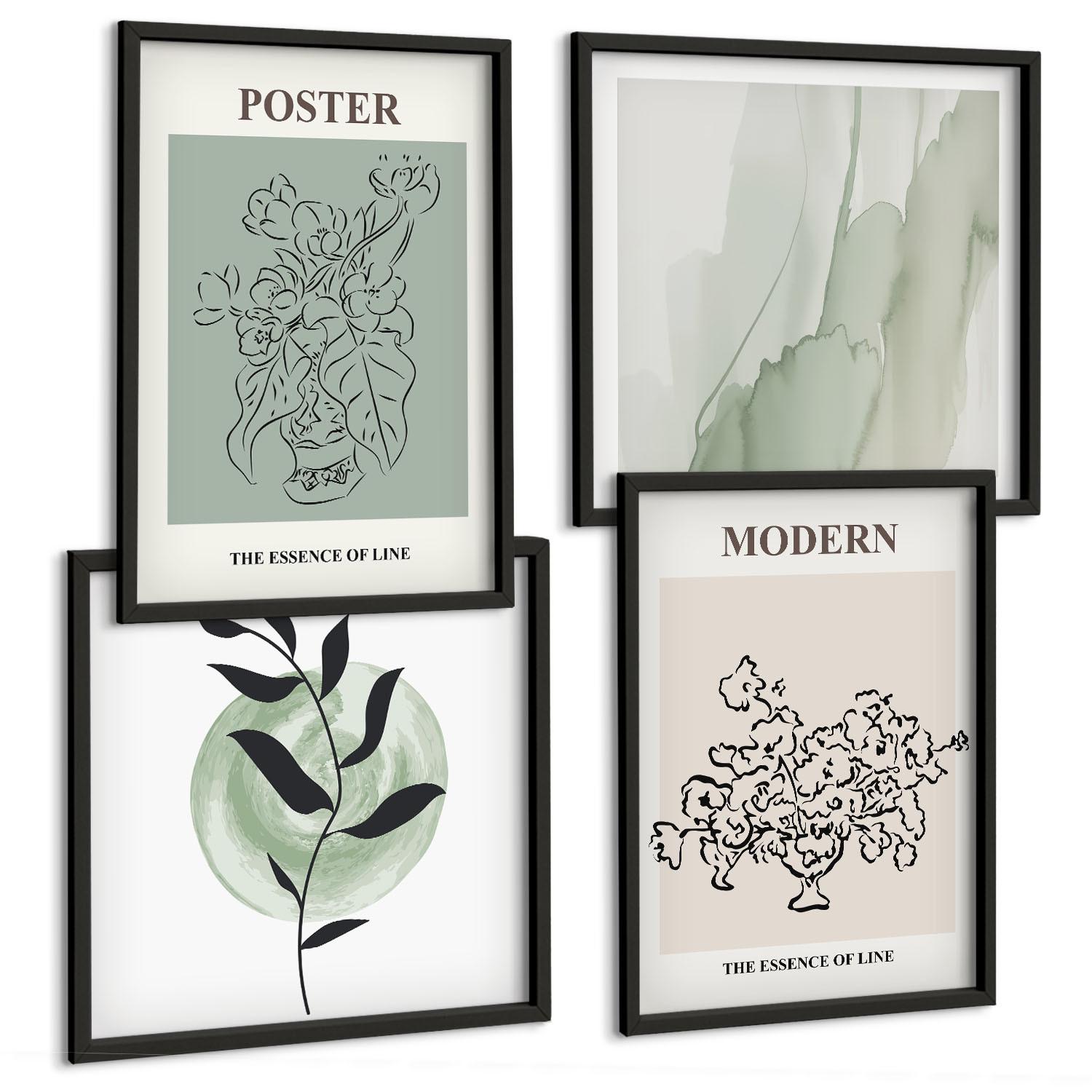 BILDER SET 4er Set - 50x50 cm & 40x60 cm Schwarzer Rahmen - Blumen in einer modernen Vase - Schwarz, Kunststoff (50/50cm) - TULUP