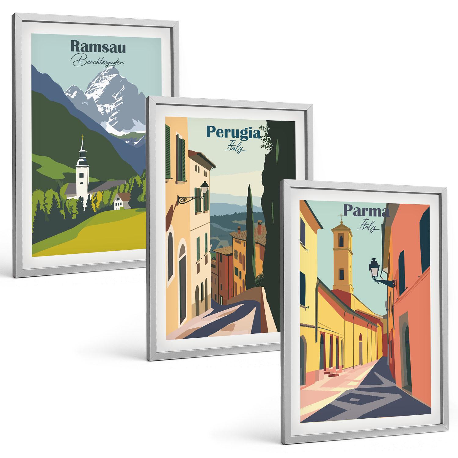 BILDER SET 3er Set - 40x60 cm Silberner Rahmen - Berglandschaften und Italien - Silberfarben, Kunststoff (40/60cm) - TULUP