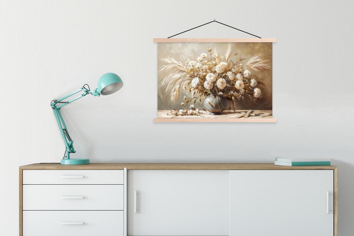 POSTER MIT MAGNETLEISTEN Blumen - Vase - Stilleben - Beige Wanddeko 90x60 cm - Creme, Textil (90/60/0.15cm) - MuchoWow